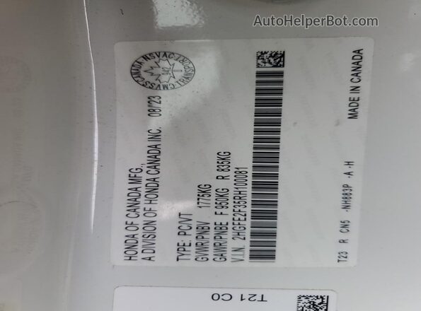 2HGFE2F35RH100081 2024 HONDA CIVIC White Vista de la etiqueta del VIN