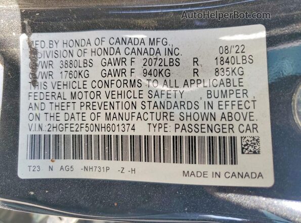 2HGFE2F50NH601374 2022 HONDA CIVIC Черный Вид подкапотного пространства