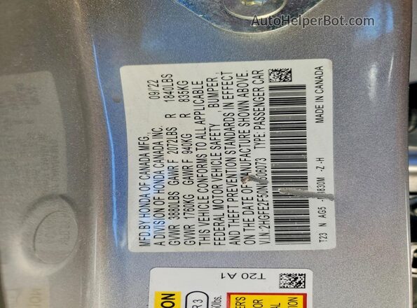 2HGFE2F50NH606073 2022 HONDA CIVIC Silver Vista del compartimento del motor