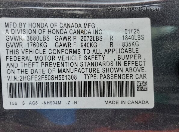 2HGFE2F50SH561308 2025 HONDA CIVIC Charcoal Vista de la etiqueta del VIN