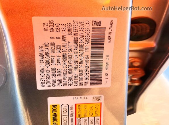 2HGFE2F50SH570574 2025 HONDA CIVIC Silver Widok naklejki z numerem VIN