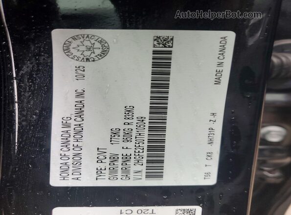 2HGFE2F50TH105049 2026 HONDA CIVIC Black Widok naklejki z numerem VIN