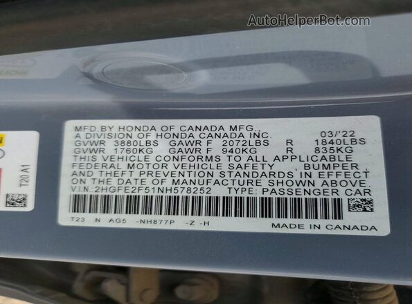 2HGFE2F51NH578252 2022 HONDA CIVIC Gray ძრავის განყოფილების ხედი