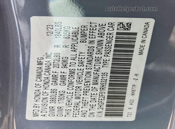 2HGFE2F51RH532135 2024 HONDA CIVIC Blue Widok naklejki z numerem VIN