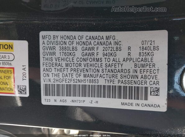 2HGFE2F52NH518853 2022 HONDA CIVIC Black Вид підкапотного простору