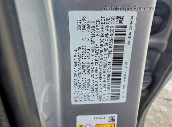2HGFE2F52NH575344 2022 HONDA CIVIC Silver Widok komory silnika
