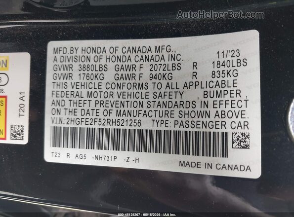 2HGFE2F52RH521256 2024 HONDA CIVIC Black Вид підкапотного простору