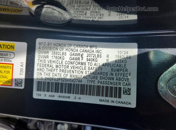 2HGFE2F52SH542744 2025 HONDA CIVIC Gray Вид наклейки з VIN-кодом