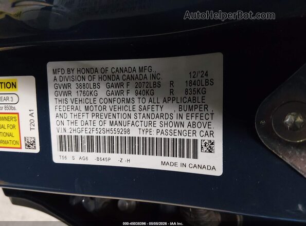 2HGFE2F52SH559298 2025 HONDA CIVIC Blue ძრავის განყოფილების ხედი