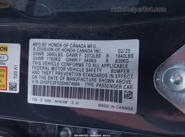 2HGFE2F52SH574884 2025 HONDA CIVIC Gray Widok komory silnika