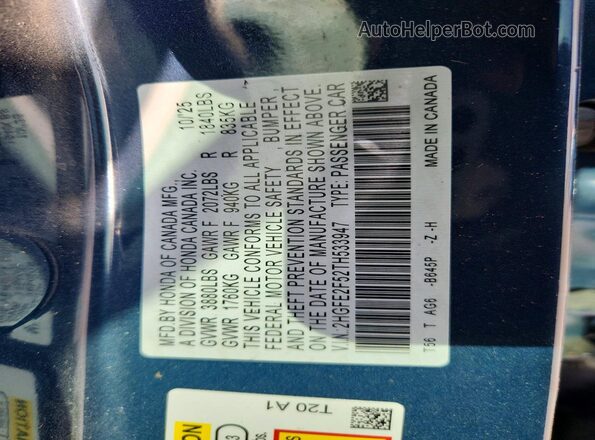 2HGFE2F52TH533947 2026 HONDA CIVIC Blue VIN კოდის სტიკერის ხედი