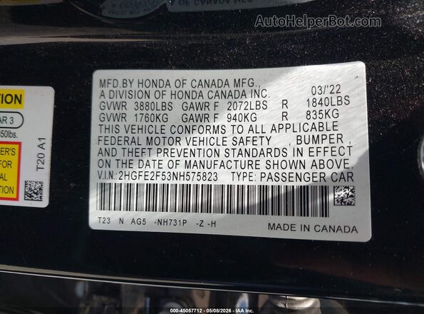 2HGFE2F53NH575823 2022 HONDA CIVIC Black Widok komory silnika