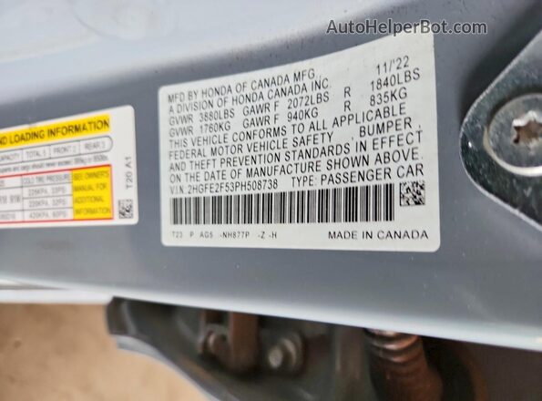 2HGFE2F53PH508738 2023 HONDA CIVIC Gray Widok naklejki z numerem VIN
