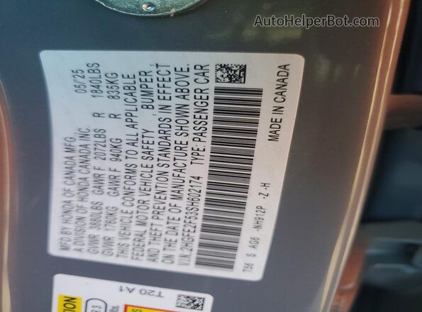 2HGFE2F53SH602174 2025 HONDA CIVIC Gray Widok komory silnika
