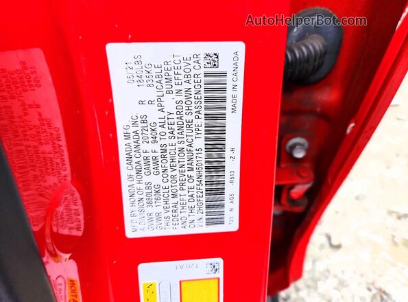 2HGFE2F54NH501715 2022 HONDA CIVIC Red Widok komory silnika