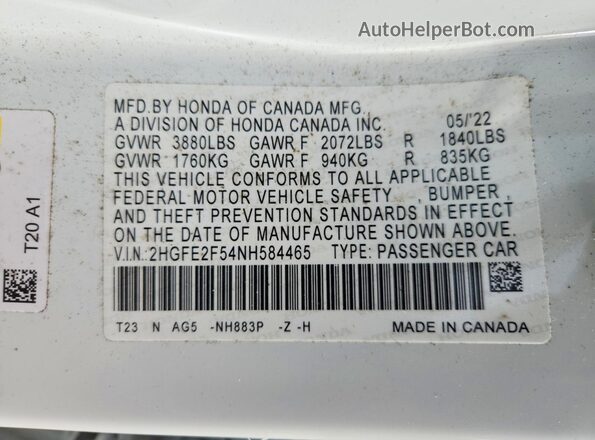 2HGFE2F54NH584465 2022 HONDA CIVIC White ძრავის განყოფილების ხედი