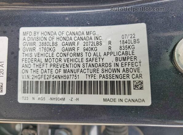 2HGFE2F54NH597751 2022 HONDA CIVIC Gray ძრავის განყოფილების ხედი