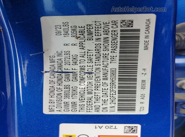 2HGFE2F55RH509683 2024 HONDA CIVIC Blue Engine compartment view