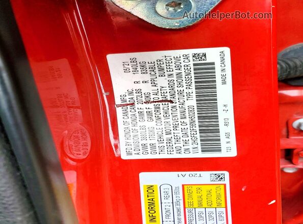 2HGFE2F56NH502820 2022 HONDA CIVIC Red Շարժիչի բաժամունքի տեսք