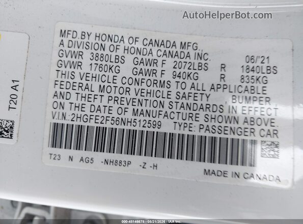 2HGFE2F56NH512599 2022 HONDA CIVIC Белый Вид подкапотного пространства
