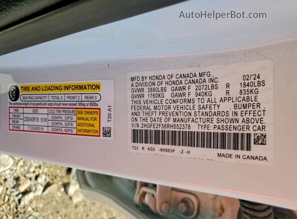 2HGFE2F56RH552378 2024 HONDA CIVIC Белый Вид подкапотного пространства