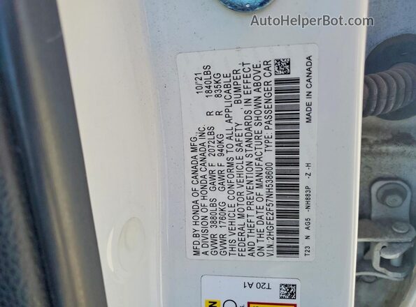 2HGFE2F57NH538600 2022 HONDA CIVIC White VIN კოდის სტიკერის ხედი