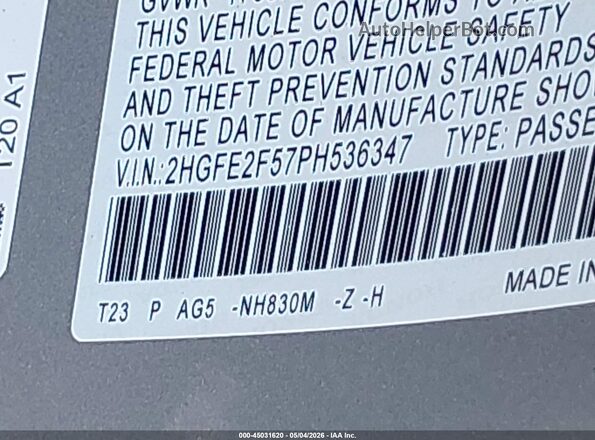 2HGFE2F57PH536347 2023 HONDA CIVIC Серый Вид подкапотного пространства