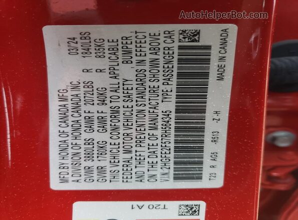 2HGFE2F57RH564345 2024 HONDA CIVIC Red Widok komory silnika