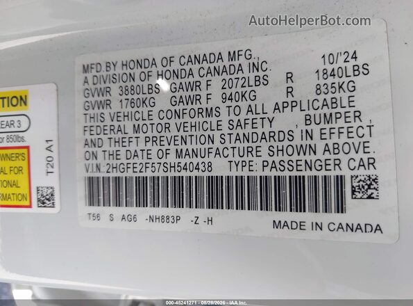 2HGFE2F57SH540438 2025 HONDA CIVIC White ძრავის განყოფილების ხედი