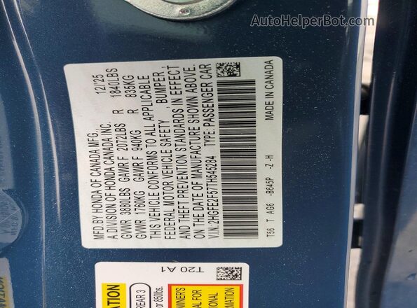 2HGFE2F57TH545284 2026 HONDA CIVIC Blue Vista del compartimento del motor