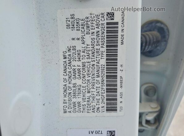 2HGFE2F58NH525922 2022 HONDA CIVIC Белый Вид подкапотного пространства