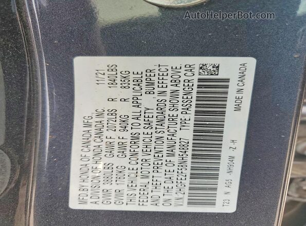 2HGFE2F58NH548827 2022 HONDA CIVIC Gray ძრავის განყოფილების ხედი