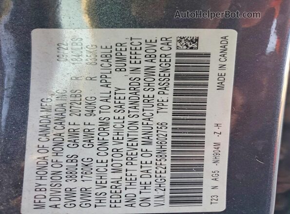 2HGFE2F58NH602756 2022 HONDA CIVIC Charcoal Widok naklejki z numerem VIN