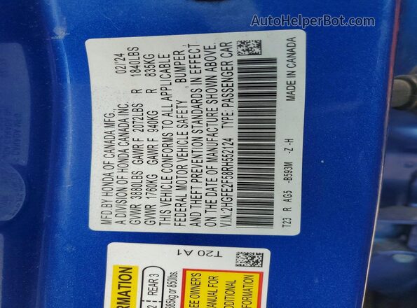 2HGFE2F58RH552124 2024 HONDA CIVIC Blue Շարժիչի բաժամունքի տեսք