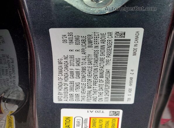 2HGFE2F58SH523941 2025 HONDA CIVIC Gray Vista de la etiqueta del VIN