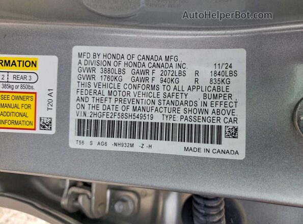 2HGFE2F58SH549519 2025 HONDA CIVIC Silver Widok komory silnika