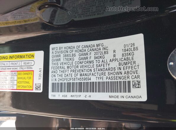 2HGFE2F58TH559694 2026 HONDA CIVIC Черный Вид подкапотного пространства