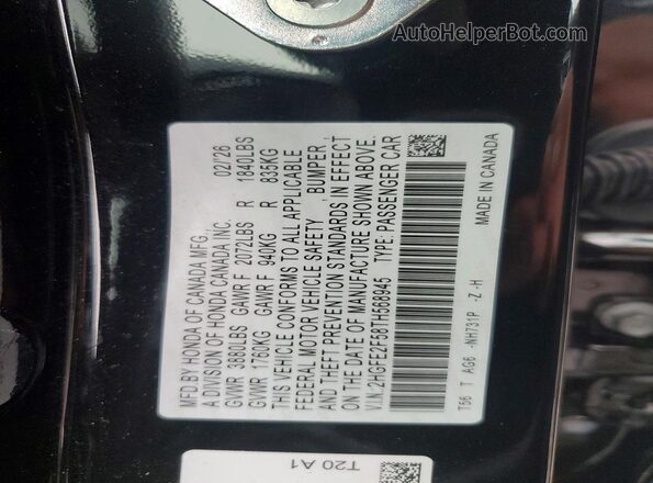 2HGFE2F58TH568945 2026 HONDA CIVIC Черный Вид наклейки с VIN-кодом