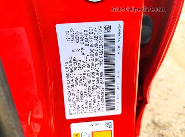 2HGFE2F59PH516309 2023 HONDA CIVIC Red Շարժիչի բաժամունքի տեսք