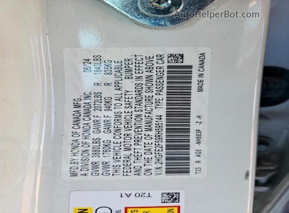 2HGFE2F59RH595144 2024 HONDA CIVIC White Widok naklejki z numerem VIN