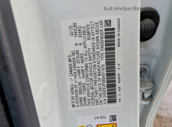 2HGFE2F59SH571979 2025 HONDA CIVIC White Widok komory silnika