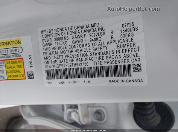 2HGFE2F59TH513730 2026 HONDA CIVIC Белый Вид подкапотного пространства