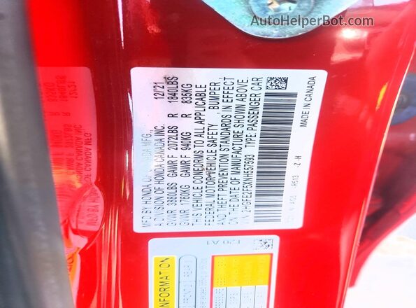 2HGFE2F5XNH557593 2022 HONDA CIVIC Red Вид підкапотного простору