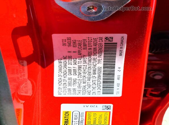 2HGFE2F5XNH592652 2022 HONDA CIVIC Red ძრავის განყოფილების ხედი