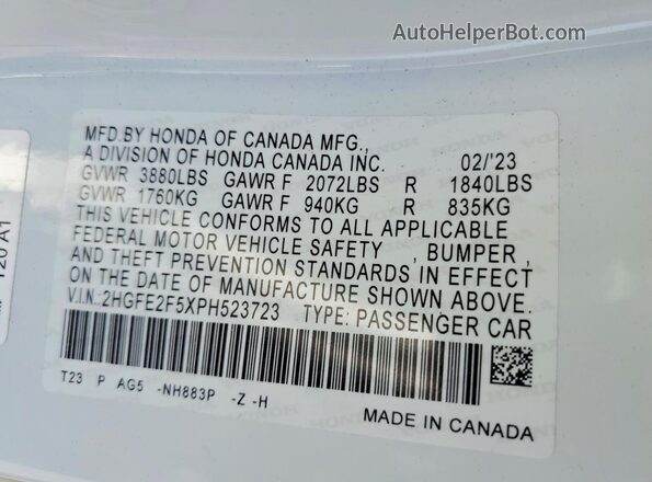 2HGFE2F5XPH523723 2023 HONDA CIVIC White Вид підкапотного простору