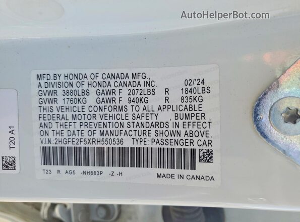 2HGFE2F5XRH550536 2024 HONDA CIVIC White Vista del compartimento del motor
