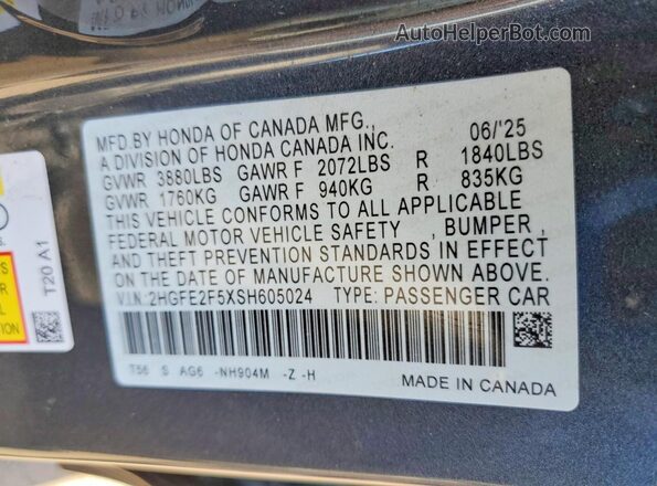2HGFE2F5XSH605024 2025 HONDA CIVIC Серый Вид наклейки с VIN-кодом
