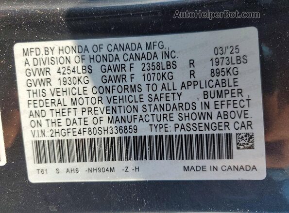 2HGFE4F80SH336859 2025 HONDA CIVIC Gray Widok naklejki z numerem VIN
