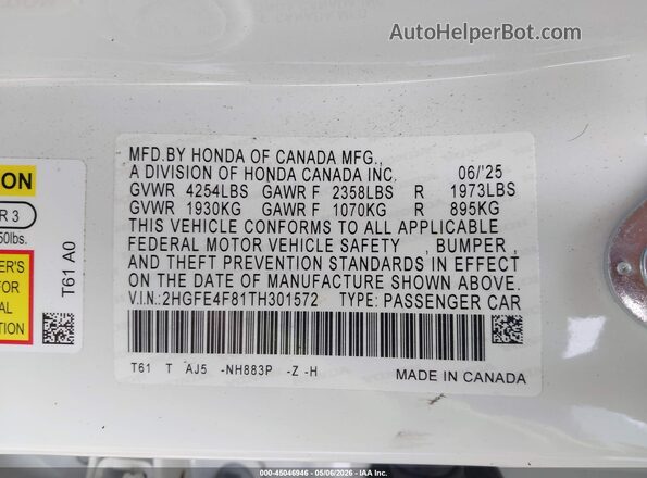 2HGFE4F81TH301572 2026 HONDA CIVIC HYBRID Белый Вид подкапотного пространства
