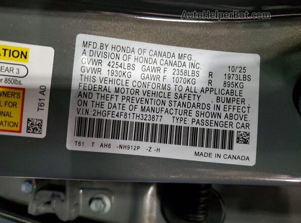 2HGFE4F81TH323877 2026 HONDA CIVIC Black Vista del compartimento del motor